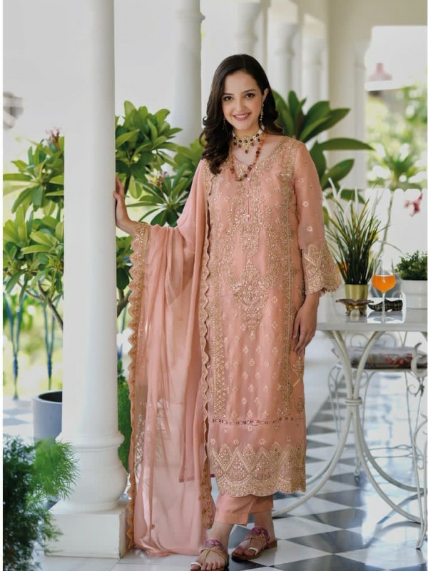 Organza Silk Party Wear  Suit  in Peach Color with  Embroidery Work