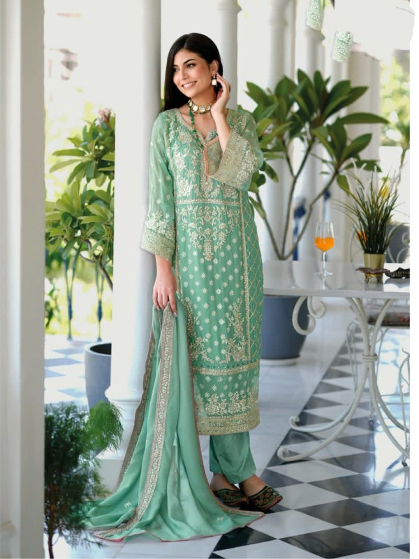 Organza Silk Party Wear  Suit  in Turquoise Color with  Embroidery Work