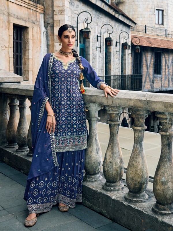 Heavy Georgette Party Wear Sarara in Blue with Embroidery Work