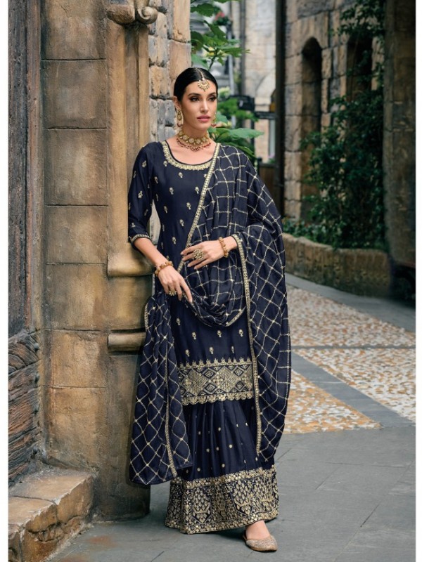 Pure Chinon Party Wear Sharara In Blue Color With Embroidery Work 