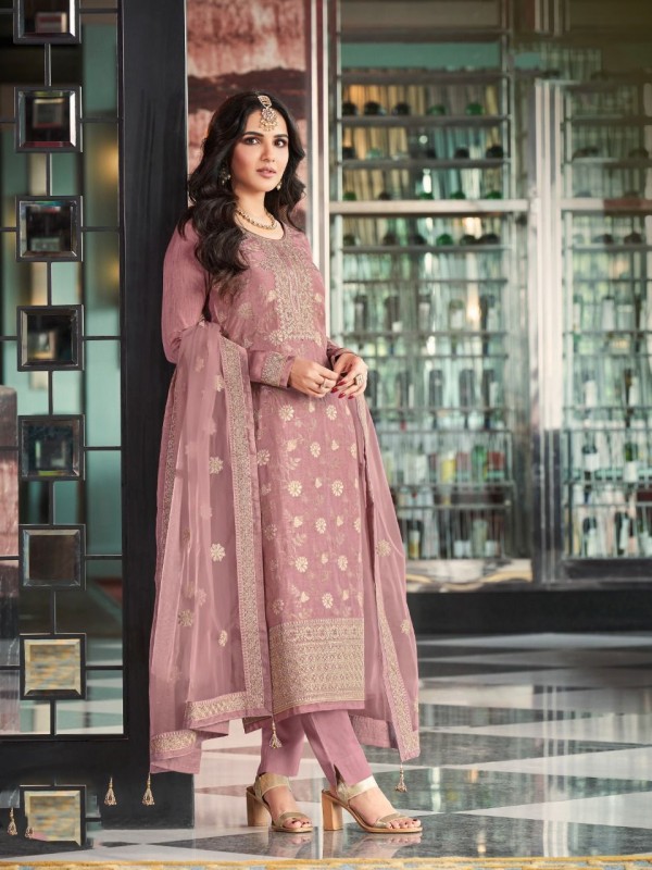 Pure Dola Jacquard   Silk Party Wear Suit in Mauve Color with Embroidery Work