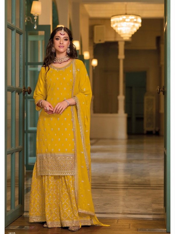 Heavy Georgette Party Wear Sarara in Yellow with Embroidery Work