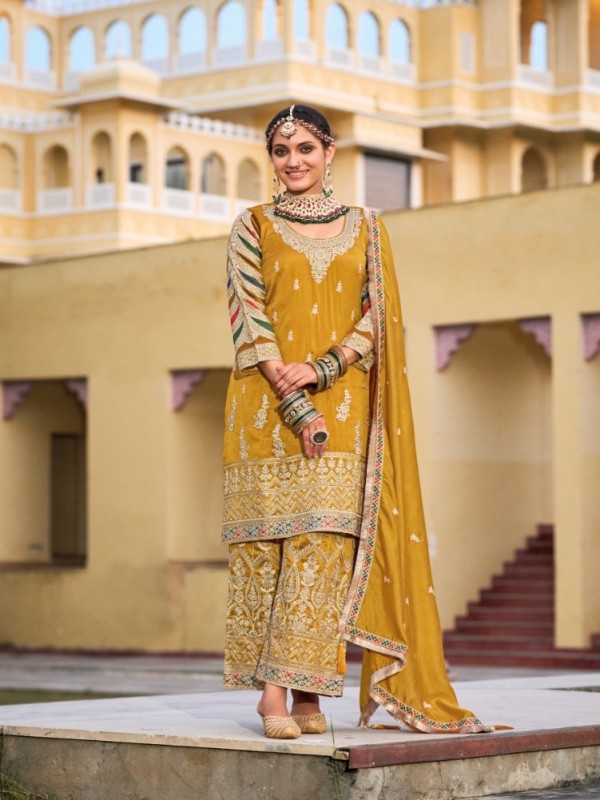 Premium Silk  Party Wear Sharara In Yellow Color With Embroidery Work 