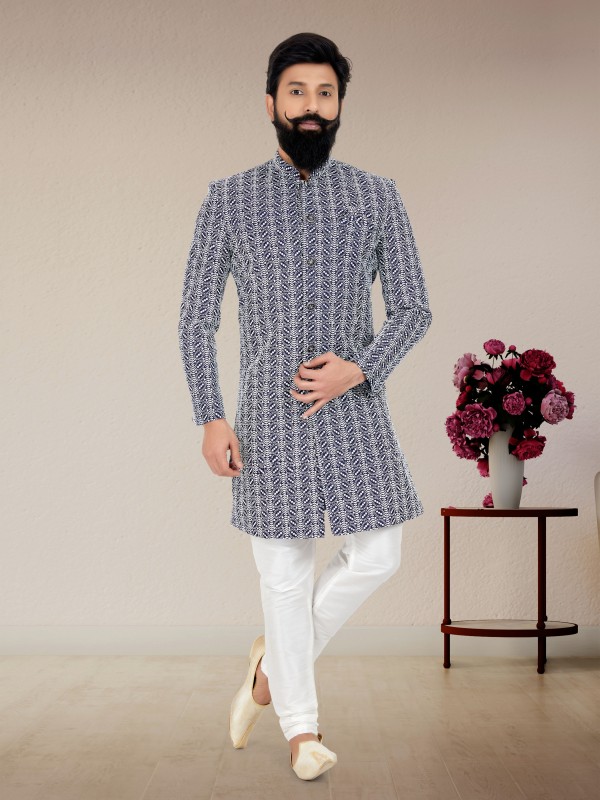 Pure Silk Fabric IndoWestern Ready Made Suit in Navy Blue Color With Embroidery Work 