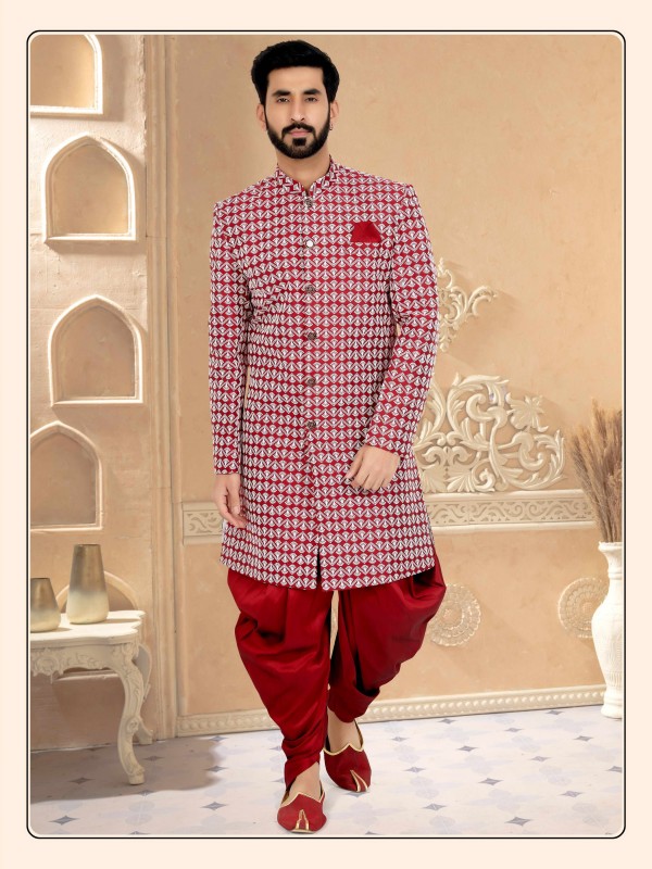 Pure Silk Fabric IndoWestern Ready Made Suit in Red Color With Embroidery Work 