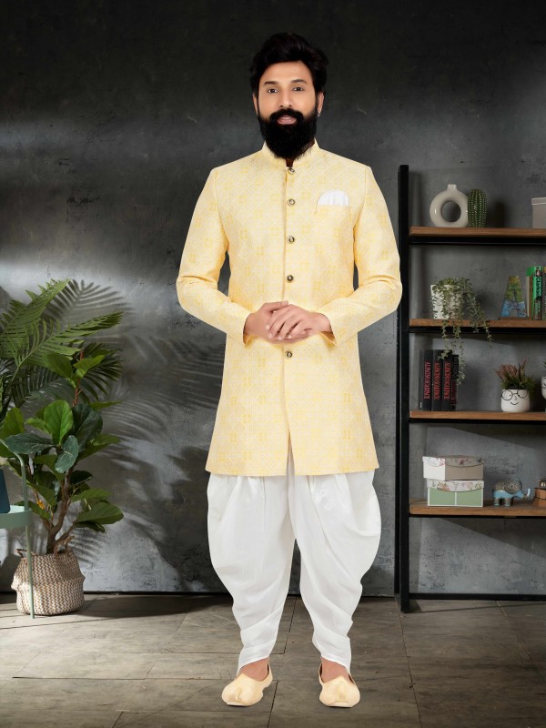 Jacquard Silk Fabric IndoWestern Ready Made Suit in Yellow Color  