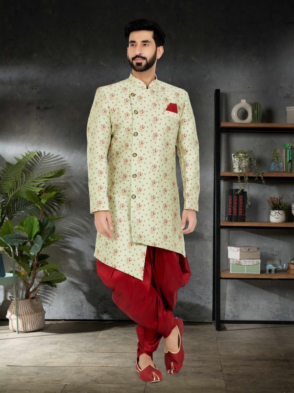 Jacquard Silk Fabric IndoWestern Ready Made Suit in Lime Green Color  