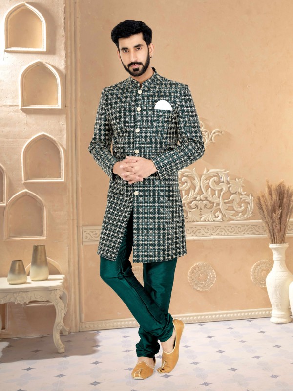 Pure Silk Fabric IndoWestern Ready Made Suit in Rama Green Color With Embroidery Work 