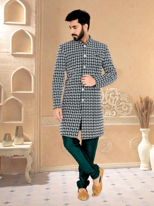 Pure Silk Fabric IndoWestern Ready Made Suit in Rama Green Color With Embroidery Work 