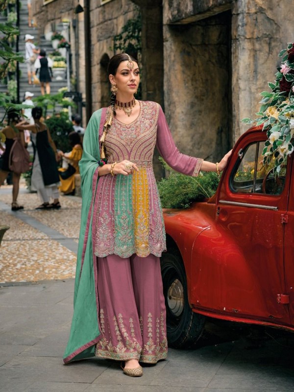 Pure Chinon Party Wear Sharara In Multi Color With Embroidery Work 