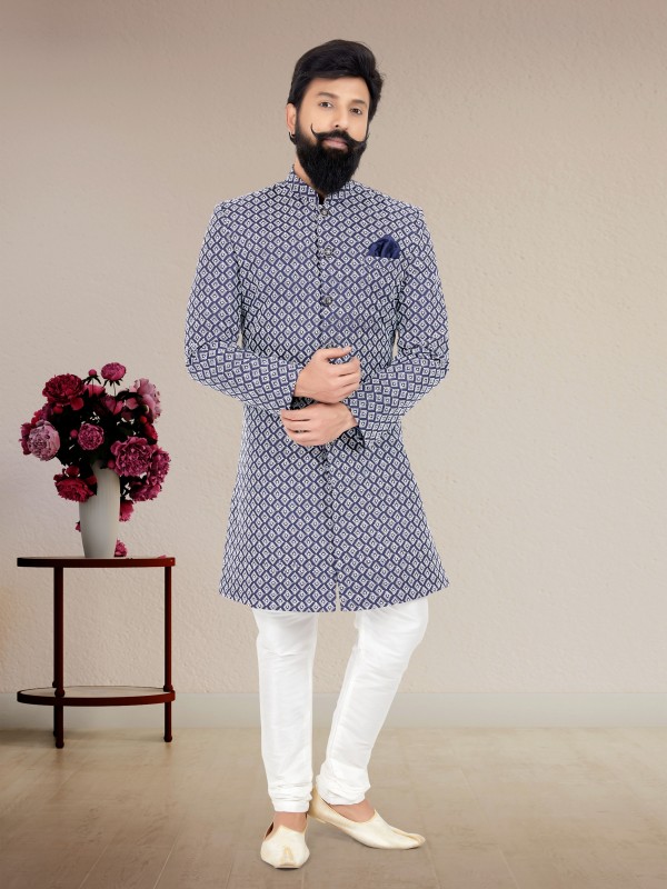 Cotton Silk Fabric IndoWestern Ready Made Suit in Blue Color With Embroidery Work 