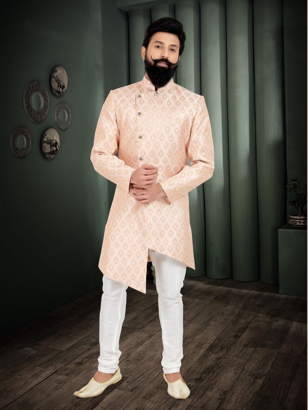Jacquard Silk Fabric IndoWestern Ready Made Suit in Light Orange Color  