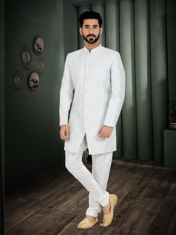 Jacquard Silk Fabric IndoWestern Ready Made Suit in Light Grey Color  