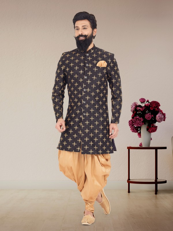 Dhupion Silk Fabric IndoWestern Ready Made Suit in Black Color With Embroidery Work 
