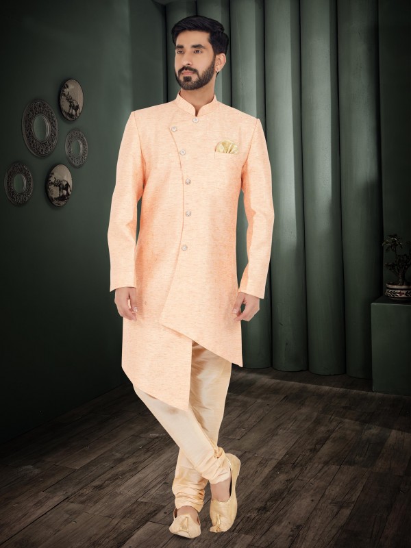 Cotton Silk Jacquard Fabric IndoWestern Ready Made Suit in Orange Color With Embroidery Work 