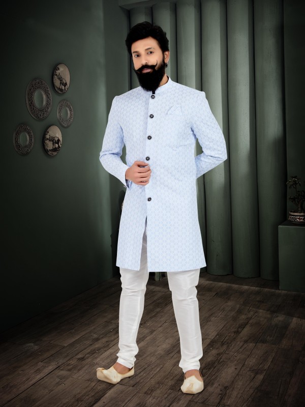 Cotton Silk Fabric IndoWestern Ready Made Suit in Blue Color With Embroidery Work 