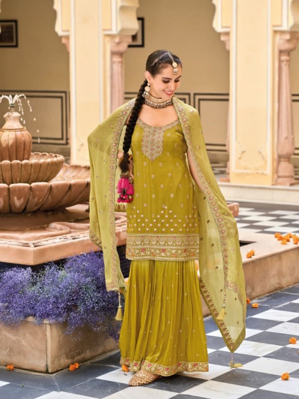 Pure Chinon  Party Wear Sharara In Lemon Green With Embroidery Work 