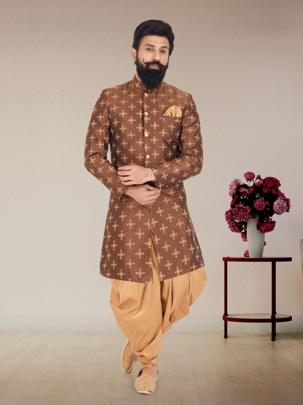 Dhupion Silk Fabric IndoWestern Ready Made Suit in Coffee Color With Embroidery Work 