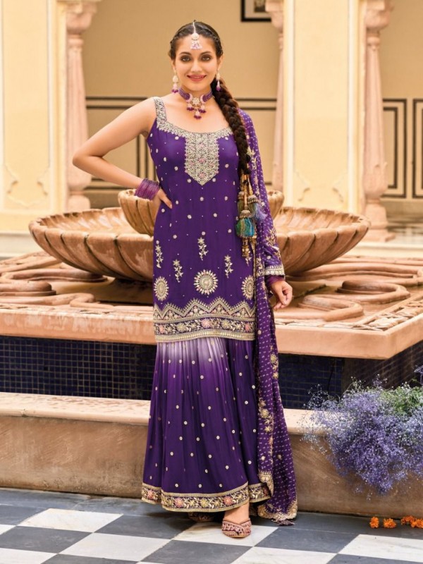 Pure Chinon  Party Wear Sharara In Purple With Embroidery Work 