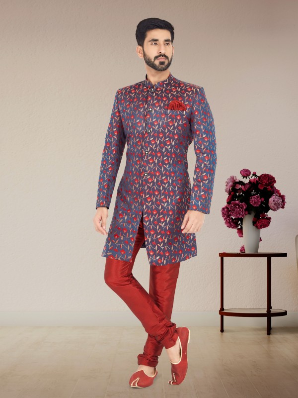 Jacquard Silk Fabric IndoWestern Ready Made Suit in Blue & Red Orange Color  