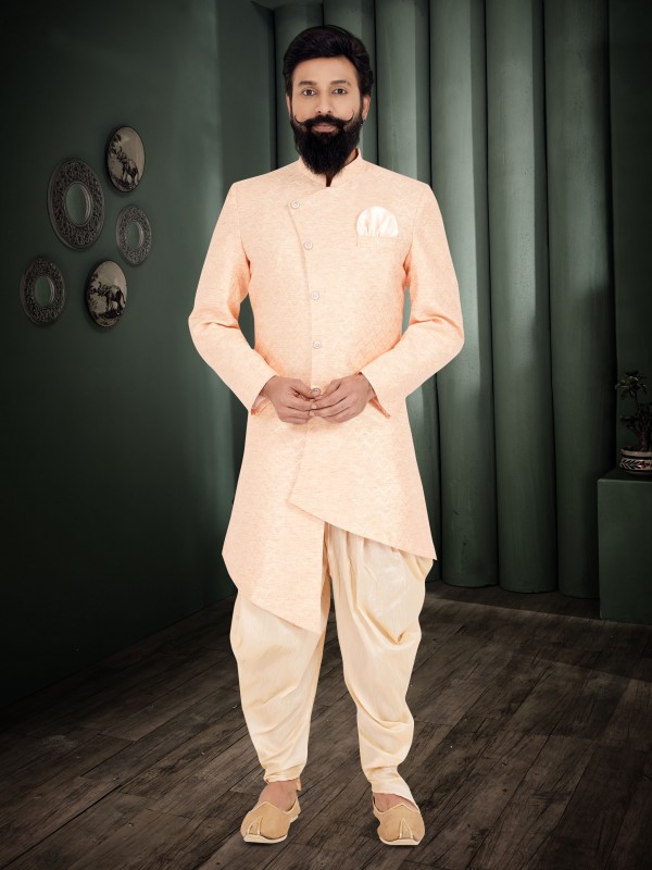 Cotton Silk Jacquard Fabric IndoWestern Ready Made Suit in Orange Color With Embroidery Work 