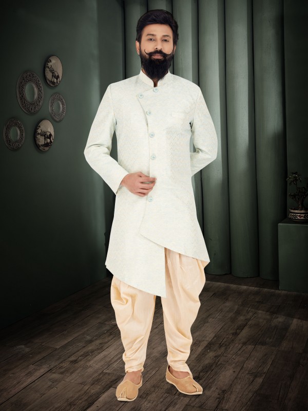 Cotton Silk Jacquard Fabric IndoWestern Ready Made Suit in Sky Blue Color With Embroidery Work 