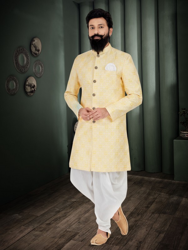 Jacquard Silk Fabric IndoWestern Ready Made Suit in Yellow Color  