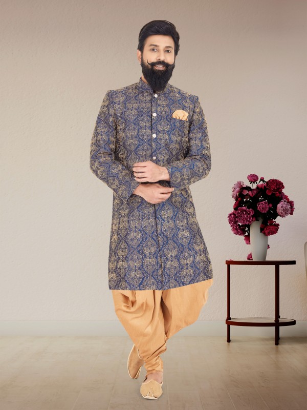 Dhupion Silk Fabric IndoWestern Ready Made Suit in Blue Color With Embroidery Work 