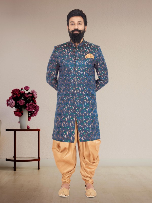 Jacquard Silk Fabric IndoWestern Ready Made Suit in Blue Orange Color  