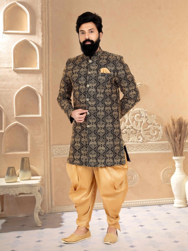 Dhupion Silk Fabric IndoWestern Ready Made Suit in Black Color With Embroidery Work 