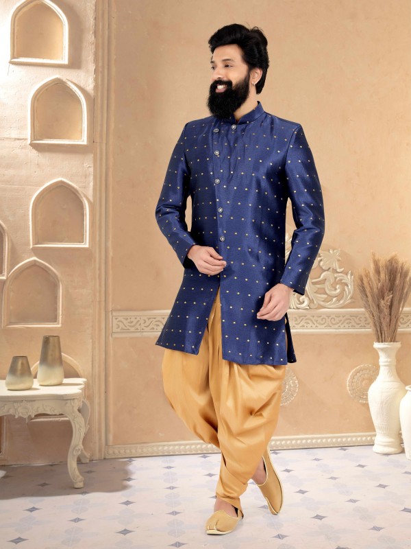 Mulberry Fabric IndoWestern Ready Made Suit in Navy Blue Color With Embroidery Work 