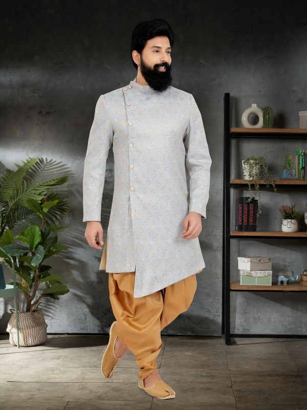 Jacquard Silk Fabric IndoWestern Ready Made Suit in Grey Orange Color  