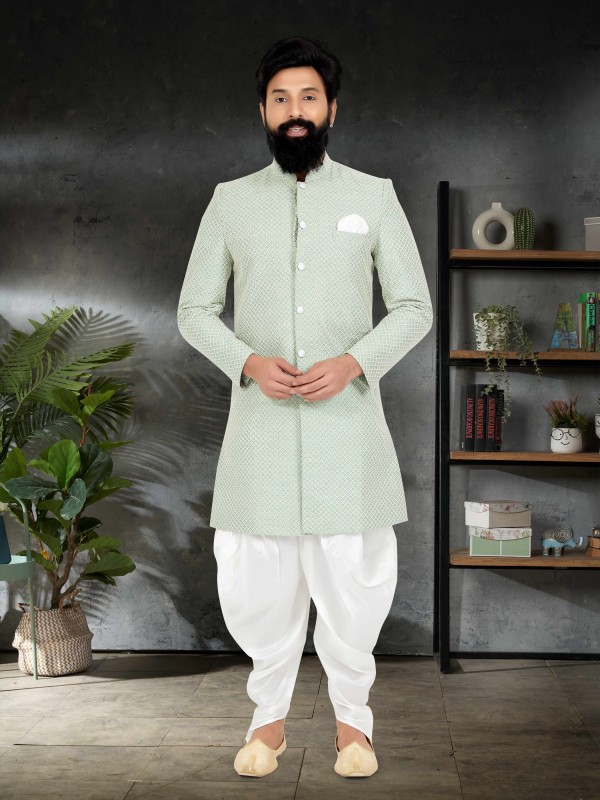 Pure Silk Fabric IndoWestern Ready Made Suit in Lime Green Color With Embroidery Work 