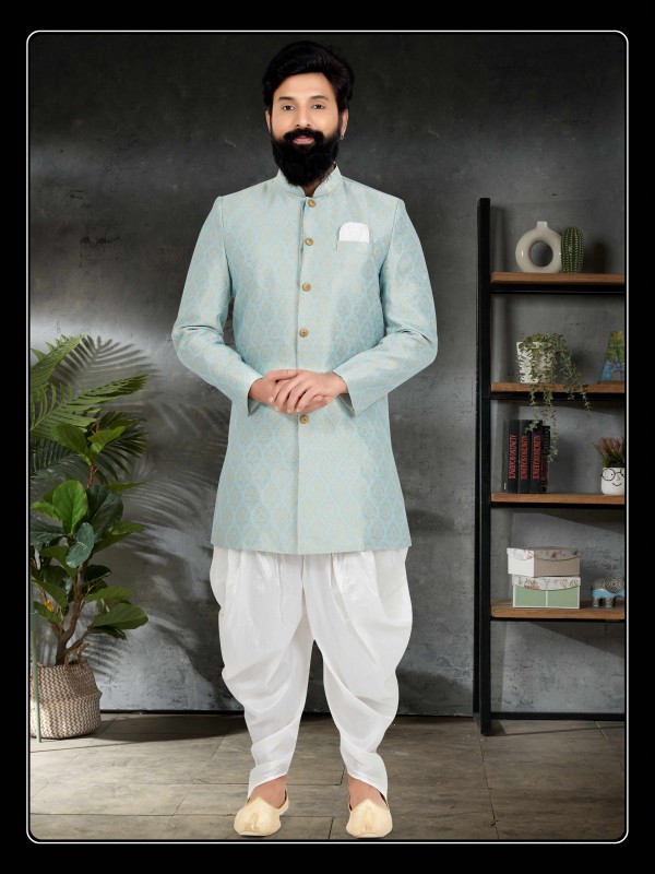 Jacquard Silk Fabric IndoWestern Ready Made Suit in Sky Blue Orange Color  