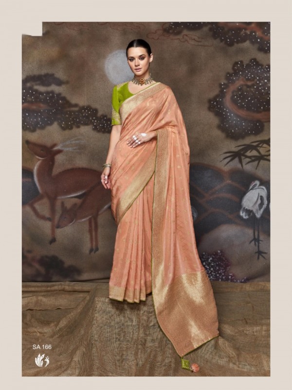 Jacquard Silk Saree In Peach  Color With Embroidery  Work