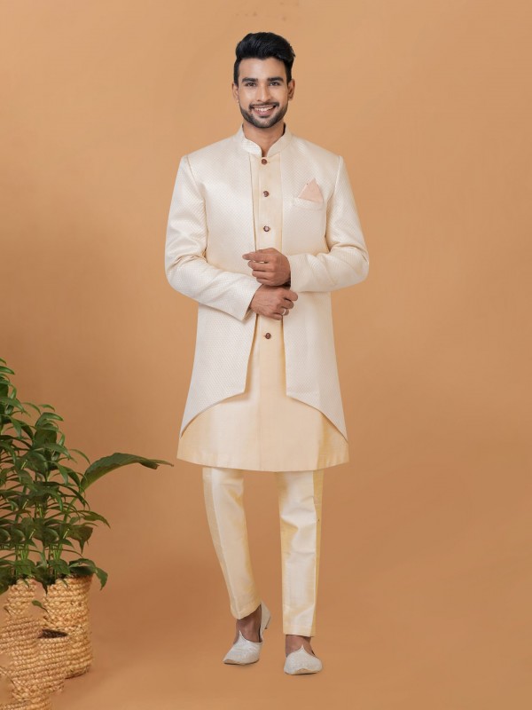 Jacquard Silk & Banarasi Dhupion Fabric IndoWestern Ready Made Dress in Cream & Gold Color