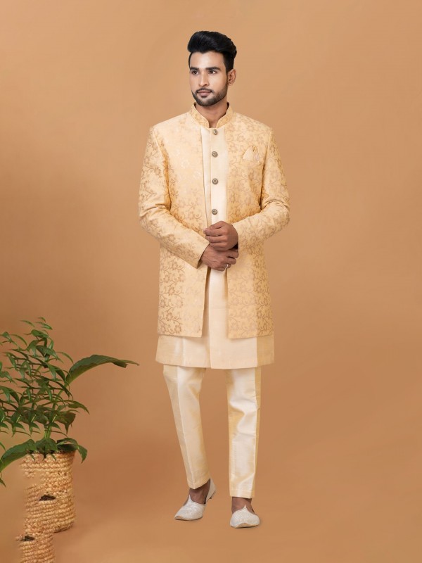 Jacquard Silk & Banarasi Dhupion Fabric IndoWestern Ready Made Dress in Cream & Gold Color