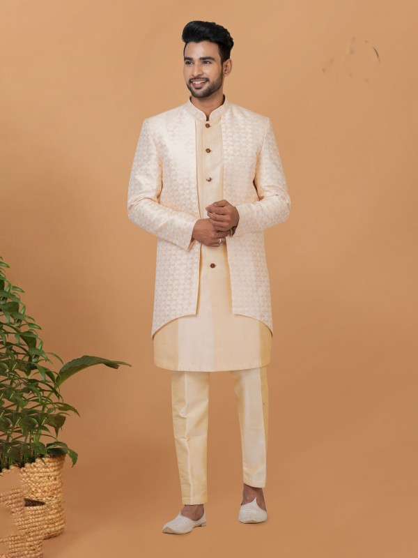 Jacquard Silk & Banarasi Dhupion Fabric IndoWestern Ready Made Dress in White & Gold Color