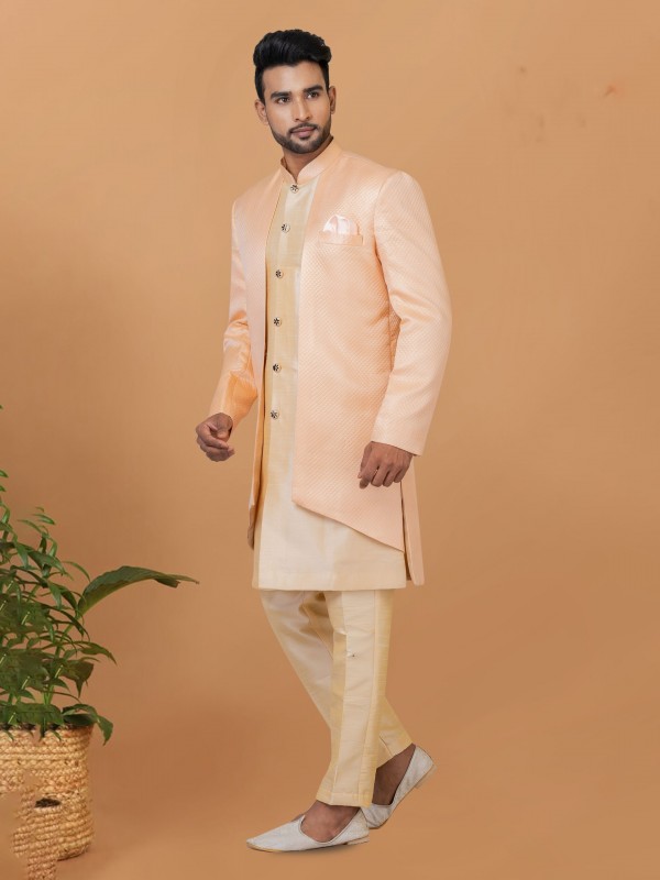 Jacquard Silk & Banarasi Dhupion Fabric IndoWestern Ready Made Dress in Cream & Gold Color