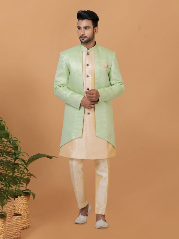 Jacquard Silk & Banarasi Dhupion Fabric IndoWestern Ready Made Dress in Pista Green & Gold Color