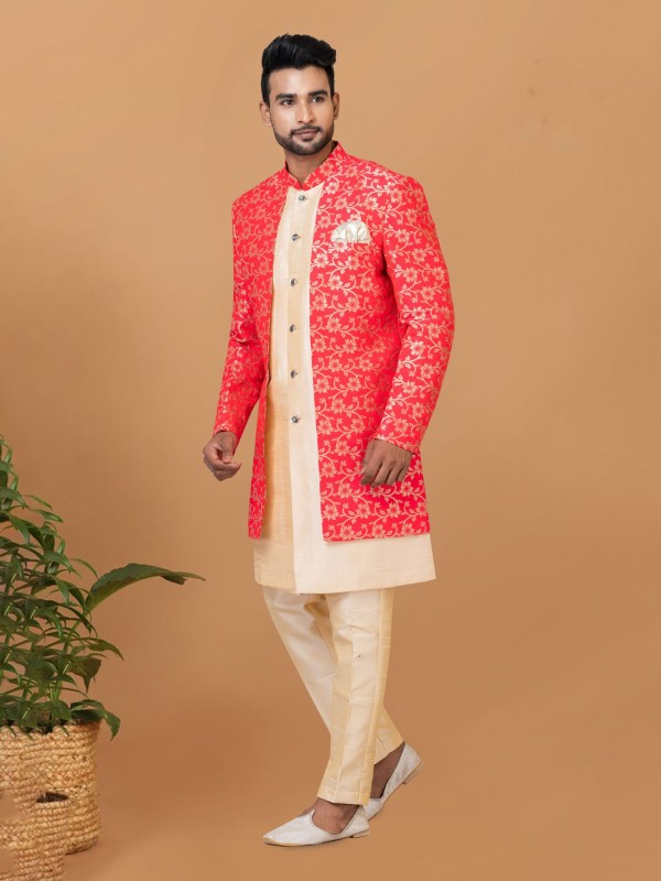 Jacquard Silk & Banarasi Dhupion Fabric IndoWestern Ready Made Dress in Orange & Gold Color