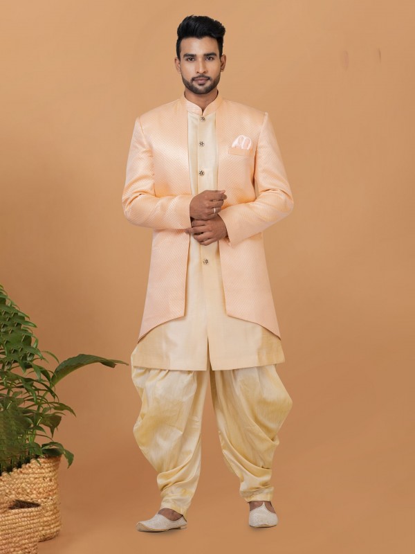 Jacquard Silk & Banarasi Dhupion Fabric IndoWestern Ready Made Dress in Cream & Gold Color