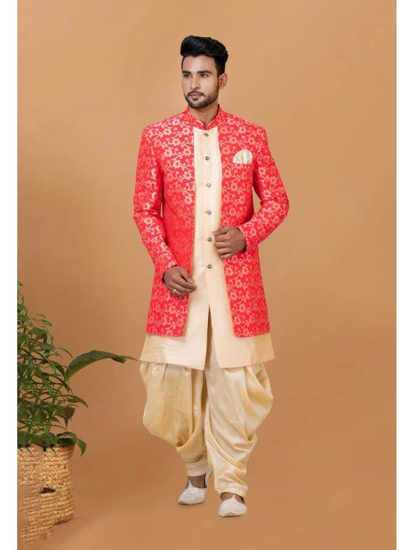 Jacquard Silk & Banarasi Dhupion Fabric IndoWestern Ready Made Dress in Orange & Gold Color