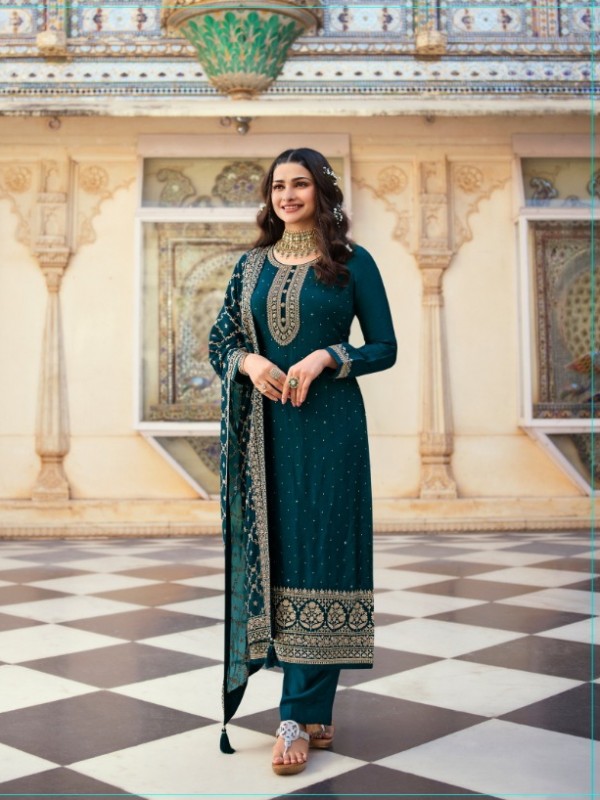 Pure Dola Silk Party Wear Suit in Teal Blue Color with Swarovski Work