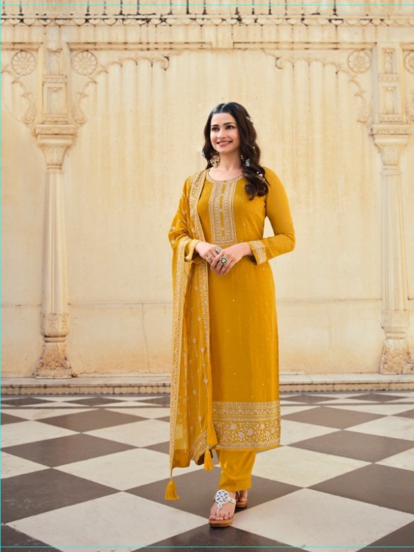 Pure Dola Silk Party Wear Suit in Yellow Color with Swarovski Work