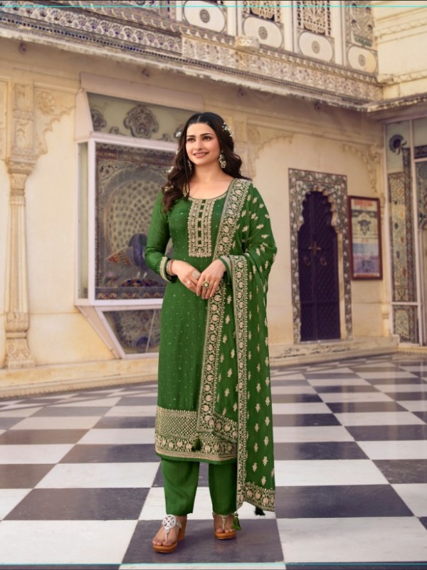 Pure Dola Silk Party Wear Suit in Green Color with Swarovski Work