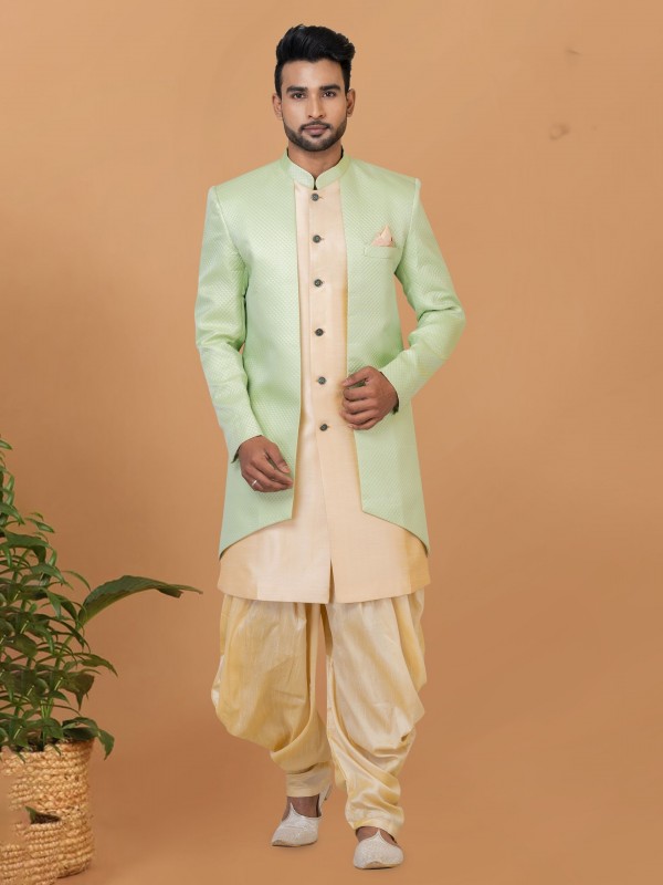 Jacquard Silk & Banarasi Dhupion Fabric IndoWestern Ready Made Dress in Pista Green & Gold Color