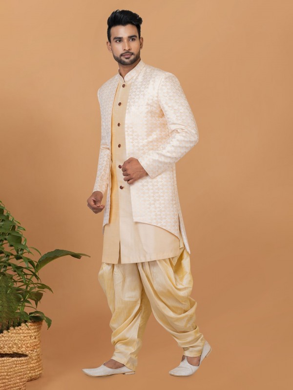 Jacquard Silk & Banarasi Dhupion Fabric IndoWestern Ready Made Dress in Cream & Gold Color