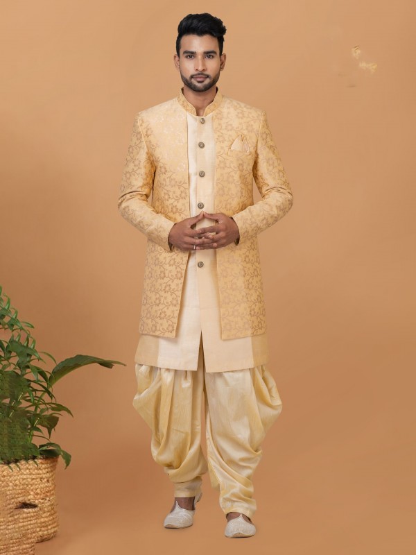 Jacquard Silk & Banarasi Dhupion Fabric IndoWestern Ready Made Dress in Cream & Gold Color