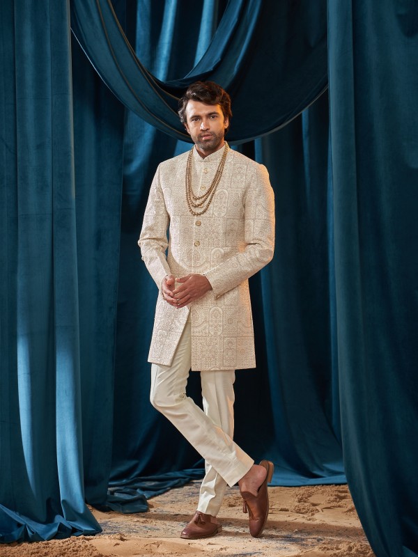 Heavy Imported Silk IndoWestern Ready Made Dress in Off White color With Embordiery Work 